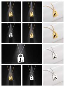 1入女士不鏽鋼26字母錠&迷你心形吊墜項鍊,時尚情侶禮物珠寶飾品 - 銀色 - 查看 1