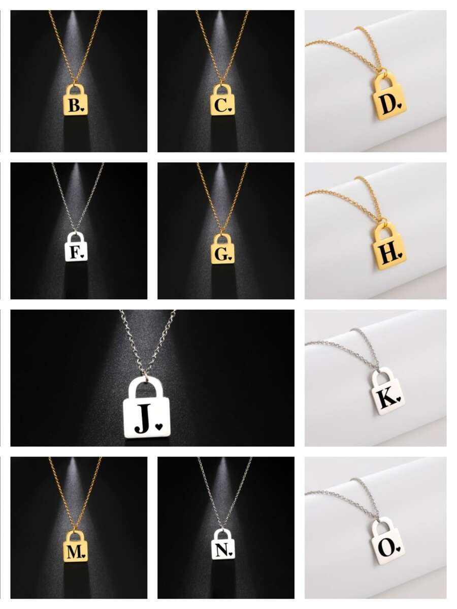 1入女士不鏽鋼26字母錠&迷你心形吊墜項鍊,時尚情侶禮物珠寶飾品 - 銀色 - 查看 1