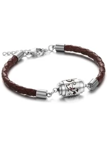 1只黑色皮革不鏽鋼香薰擴散器手鏈,男女通用復古空心吊墜香水精油擴散器手鏈 - 棕色 - 查看 6