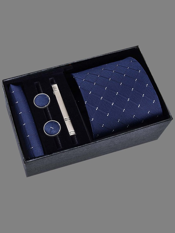 Men's Tie Set Includes 5 Pieces - Necktie (8cm Width), Tie Bar, Pocket Square, Cufflinks, Gift Box, Ideal For Father's Day