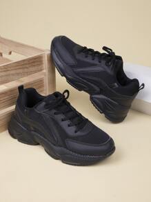 Autumn & Winter Black Thick-Soled Elevator Casual Chunky Shoes, Fashionable Walking Shoes, Warm Sneakers