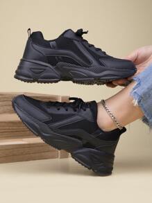 Autumn & Winter Black Thick-Soled Elevator Casual Chunky Shoes, Fashionable Walking Shoes, Warm Sneakers