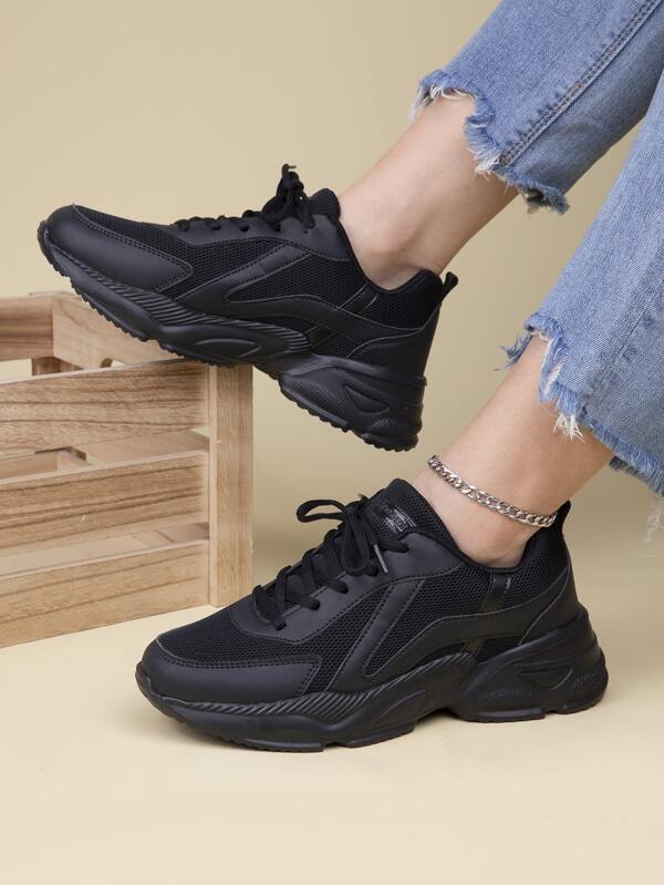 Autumn & Winter Black Thick-Soled Elevator Casual Chunky Shoes, Fashionable Walking Shoes, Warm Sneakers