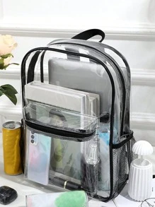 防水简约 PVC 透明时尚背包适合中学生和大学生。时尚透明、透明防水女士包，非常适合夏季、度假和海滩，防水透明背包，休闲风格，适合户外运动或旅行方便 - 黑色 - 查看 3