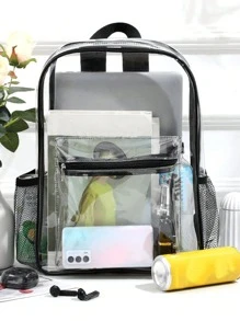 防水简约 PVC 透明时尚背包适合中学生和大学生。时尚透明、透明防水女士包，非常适合夏季、度假和海滩，防水透明背包，休闲风格，适合户外运动或旅行方便 - 黑色 - 查看 2