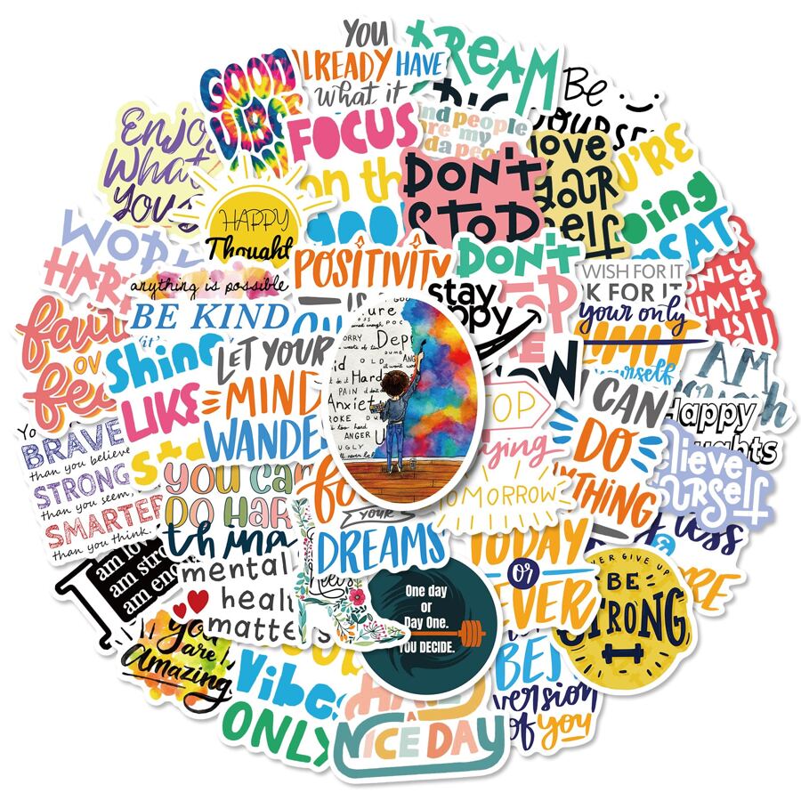 50入組靈感貼紙包,乙烯基防水貼紙適用於成年人兒童 - 彩色 - 查看 1