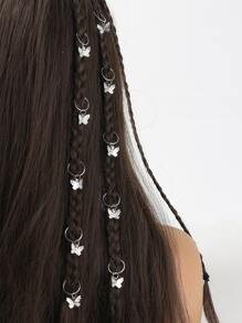 10 piezas De anillos para el pelo con colgante de mariposa en tono plateado, accesorios para el cabello con diseño trenzado para mujeres y niñas, ajustables - Plateado - Ver 1