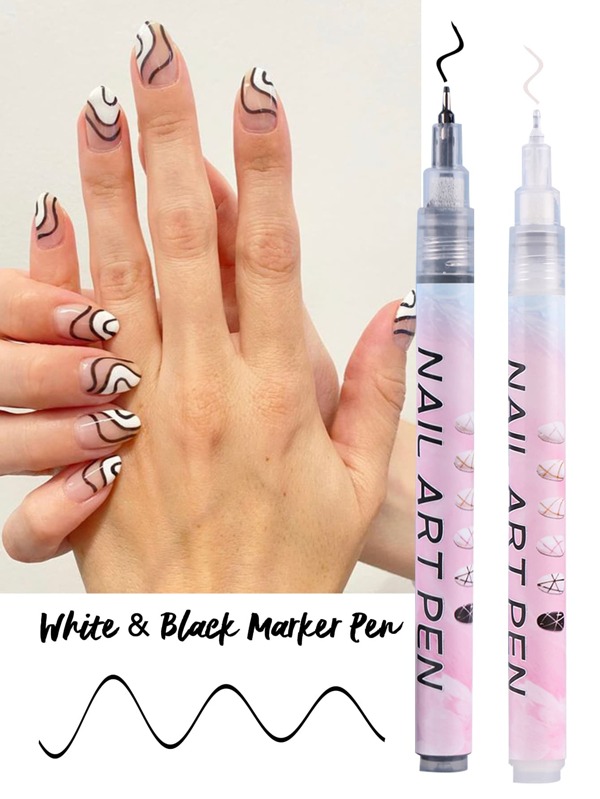 2 pièces Stylo graffiti pour nail art, marqueur de peinture à ongle blanche et noire à pointe extra fine pour dessiner des lignes abstraites, peinture artisanale et décoration