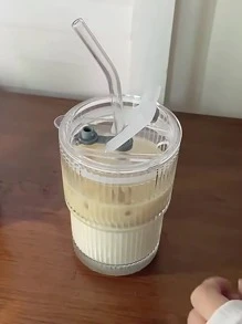 Ins Style Striped Glass Coffee Cup With Lid And Straw - Clear - View 7