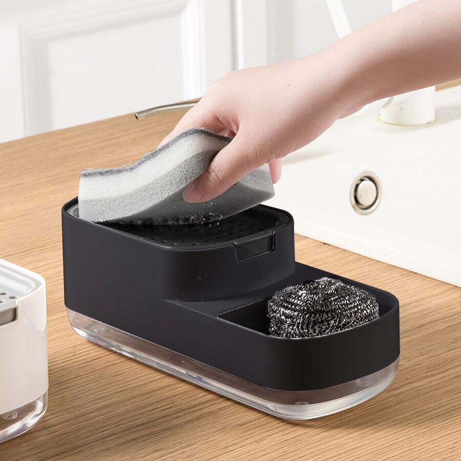 1pc Kitchen Soap Dispenser And Sponge Holder Set, Press Style Liquid Soap Box Bathroom Decor Summer - Black - View 1