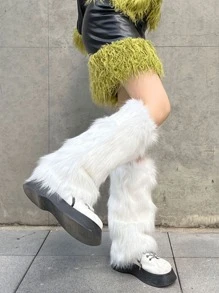 Calientapiernas Unicolor De Peluche Para Piernas Mujer Invierno Pantorrillas Calentadores Calentar Mallas Moda - Blanco - Ver 5