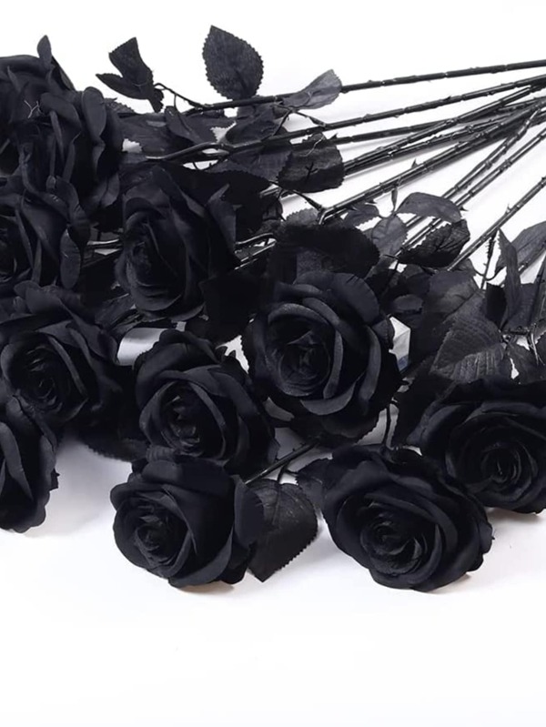5pcs Black Rose Artificial Flowers With Realistic Single Stem For