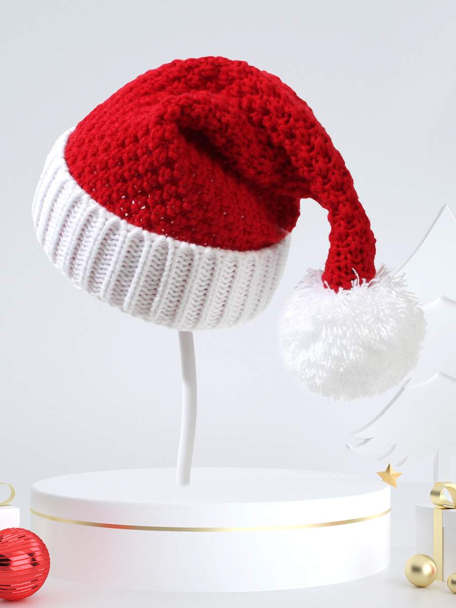 1入組中性紅色針織聖誕帽帶毛絨球,創意禮品帽 - 彩色 - 查看 1