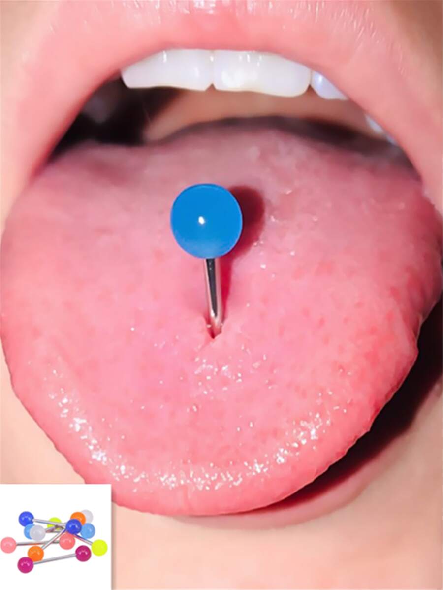 1pc Stainless Steel And Paint Enamel Colorful Tongue Ring Basic Barbell Piercing Jewelry With Glow In The Dark Effect - Pink - View 1