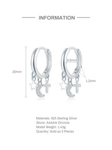 1對十字星月耳環s925純銀白色耳環,女士耳環婚禮派對精美珠寶配件禮品