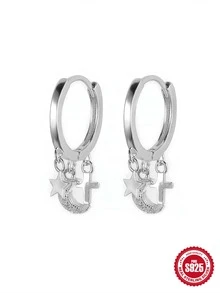 1對十字星月耳環s925純銀白色耳環,女士耳環婚禮派對精美珠寶配件禮品