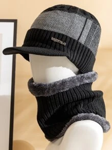 URGENTMAN 1pc Men Letter Decor Plush Lined Hat & Infinity Scarf - Black - View 1