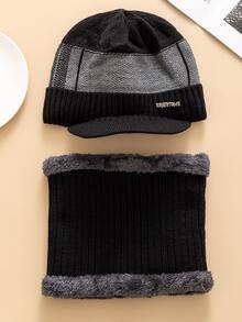 URGENTMAN 1pc Men Letter Decor Plush Lined Hat & Infinity Scarf - Black - View 3