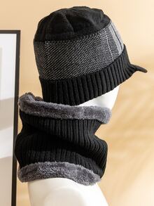 URGENTMAN 1pc Men Letter Decor Plush Lined Hat & Infinity Scarf - Black - View 2