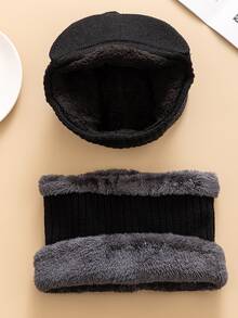 URGENTMAN 1pc Men Letter Decor Plush Lined Hat & Infinity Scarf - Black - View 4