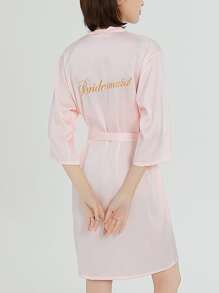 Pink Bridesmaid Robe With Back Bridemaid Embroidery - Baby Pink - View 2