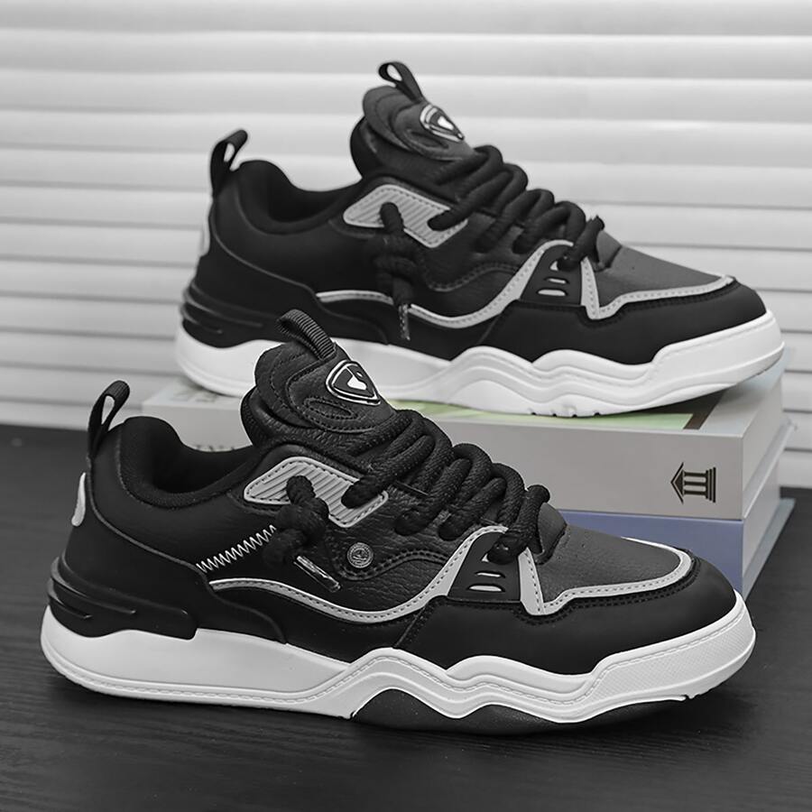 Men's Pu Leather Patchwork Breathable Skate Shoes Low Cut Casual Sports Shoes With Thick Sole And Increased Height For Four Seasons - Black - View 1