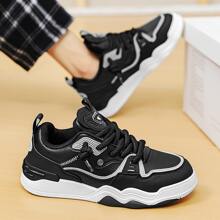 Men's Pu Leather Patchwork Breathable Skate Shoes Low Cut Casual Sports Shoes With Thick Sole And Increased Height For Four Seasons - Black - View 4