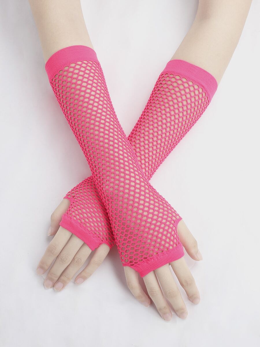 iwarm 1pair Women's Punk Style Fishnet Arm Sleeves - Hot Pink - View 1