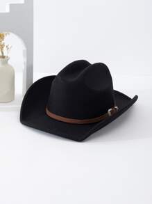 1pc Men's Cavalry Cowboy Hat With Concave Top, Brown Leather Band Detail, Suitable For Daily Use - Black - View 3