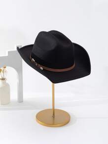 1pc Men's Cavalry Cowboy Hat With Concave Top, Brown Leather Band Detail, Suitable For Daily Use - Black - View 2