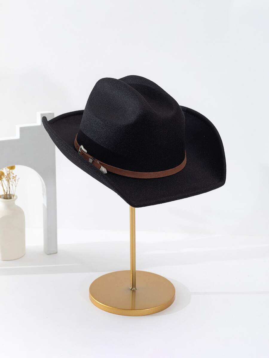 1pc Men's Cavalry Cowboy Hat With Concave Top, Brown Leather Band Detail, Suitable For Daily Use