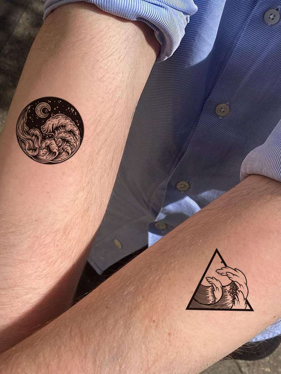 3 hojas luna , mar onda & montaña patrón Tatuaje temporal Pegatinas - Negro - Ver 1