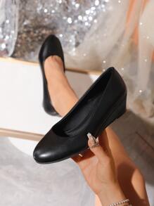 Zapatos de tacón de cuña negros para mujer de talla grande, zapatos de trabajo sin cordones elegantes y cómodos - Negro - Ver 2