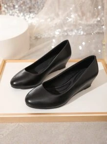 Zapatos de tacón de cuña negros para mujer de talla grande, zapatos de trabajo sin cordones elegantes y cómodos - Negro - Ver 5