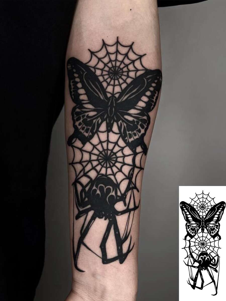 Etiqueta engomada del tatuaje temporal a prueba de agua de Pvc de Halloween, araña gótica, tela de araña y diseño de mariposa para uso diario de moda - Negro - Ver 1