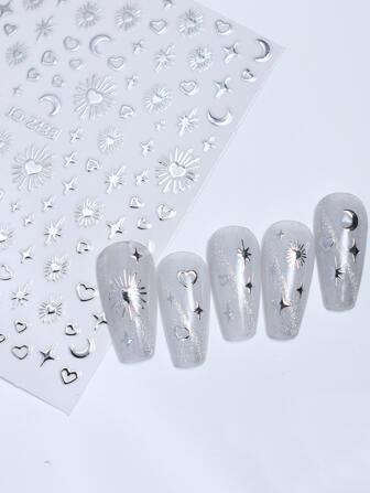 1片銀色星月心臟圖騰粘貼式指甲藝術貼紙，適用於DIY指甲裝飾，Y2K風格指甲貼紙，指甲設計修飾美甲貼士，適用於女士女友禮物指甲貼紙