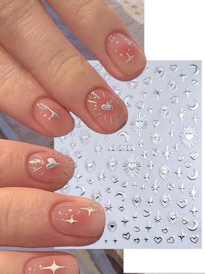 1 Sheet Silver Star Moon Heart Totem Adhesive Nail Art Sticker For DIY Nail Decorations Y2K-Style Nail Art Decals Nail Design Manicure Tips For Women Girl Friend Gift Nail Stickers Nails Nail Supplies