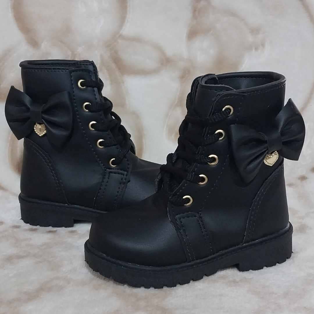 Bota cano alto preta com laço estilosa menina infantil - Preto - Visão 1