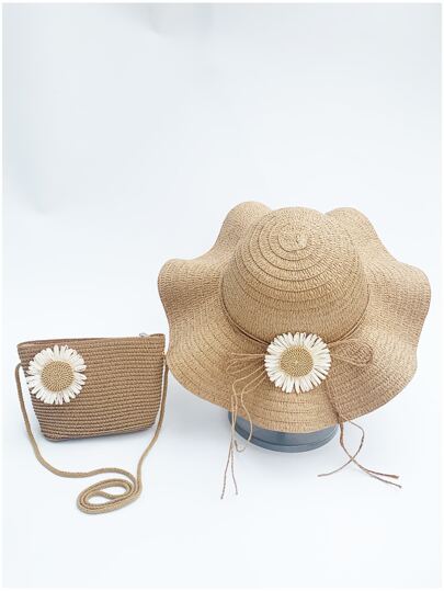 قبعة قش نسائية خاكي مع تزيين عباد الشمس وعرض حافة...