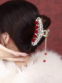 1入組女士們合金流蘇玫瑰&皇冠&水鑽裝飾頭髮夾鉗,完美適用於日常穿著 - 金色 - 查看 3