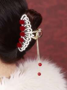 1入組女士們合金流蘇玫瑰&皇冠&水鑽裝飾頭髮夾鉗,完美適用於日常穿著 - 金色 - 查看 4