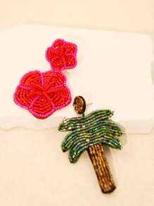 Pendientes asimétrico hecho a mano con cuenta flor & árbol colgante - aretes asimétricos con cuentas de semillas - Ver 2