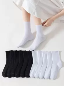 12 Pairs/Set Women's Mid-Calf Socks In Black & White Stripe Design, Breathable, Moisture-Wicking & Odor-Resistant, Fall - Multicolor - View 3