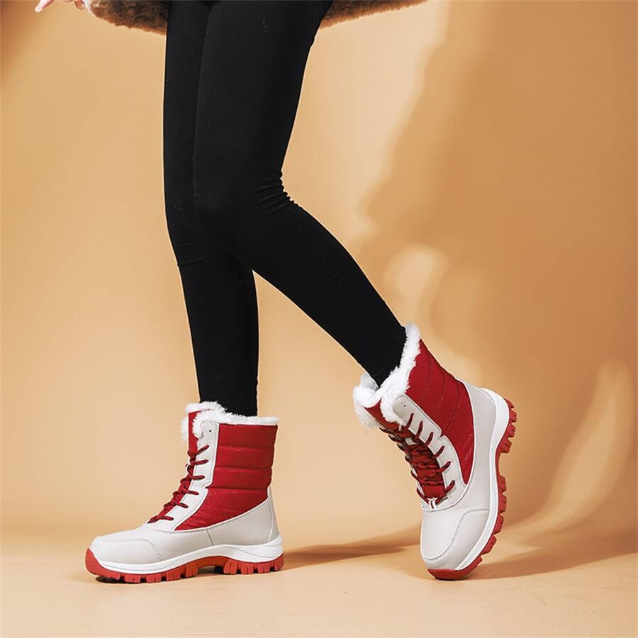 冬季户外女士加厚保暖保暖内衬防水防滑雪地靴，新品上市 - 紅色 - 查看 1