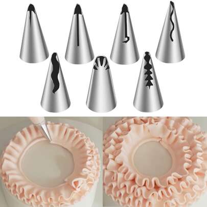 7pcs Pleated Ruffle Piping Nozzle Set, 304 Stainless Steel Piping Tips, Suitable For Cake Decorating, Pastry, And Baking