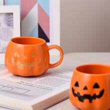 1pc Ceramic Pumpkin Mug With Orange Cup Body And Gold Halloween Pattern - Gold - View 5