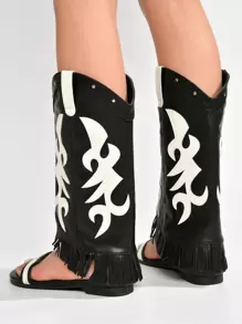 Women's  Fringe Western-Inspired Flat Sandals - Single Round Toe Denim Western Flat For Festival Shoes - 黑色 - 查看 3