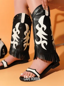 Women's  Fringe Western-Inspired Flat Sandals - Single Round Toe Denim Western Flat For Festival Shoes - 黑色 - 查看 1