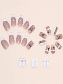 24 piezas Uñas falsas negro brillante corazones diseño con blanco polaco - Rosa - Ver 2