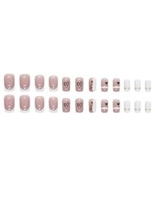 24 piezas Uñas falsas negro brillante corazones diseño con blanco polaco - Rosa - Ver 4
